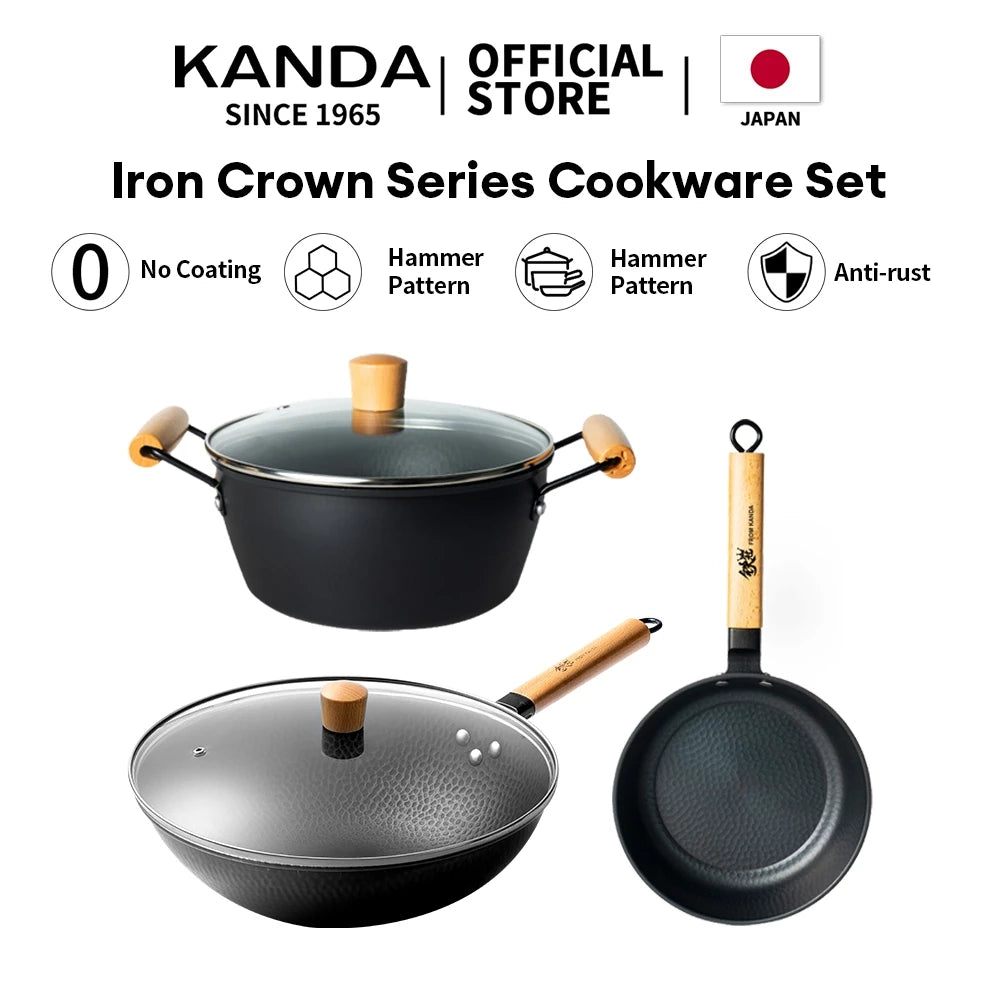 Kanda Japanese Iron Wok Series Iron Crown Wok/Frying Pan/Saucepan Set