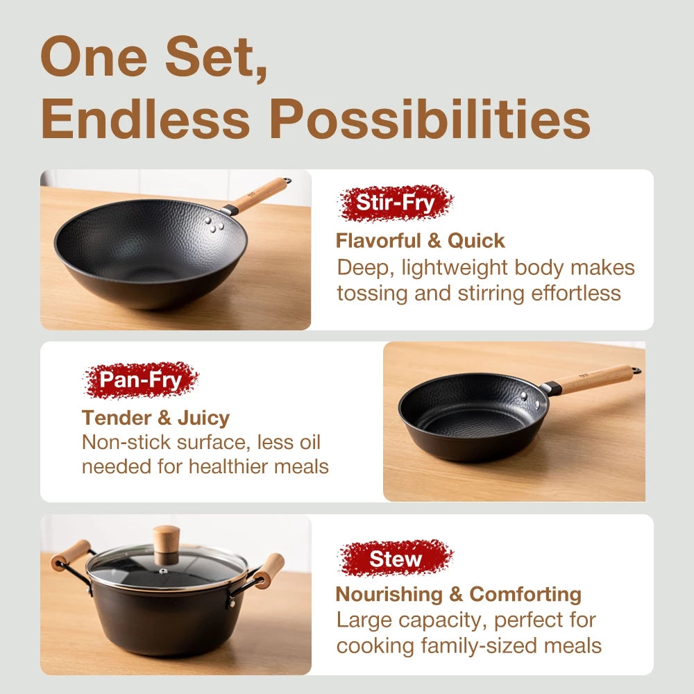 Kanda Japanese Iron Wok Series Iron Crown Wok/Frying Pan/Saucepan Set