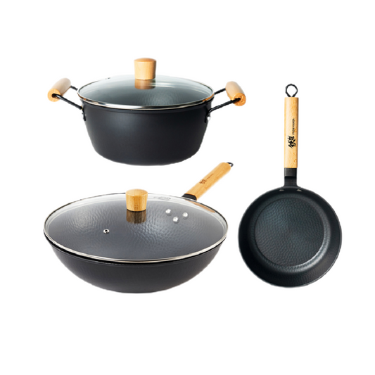 Kanda Japanese Iron Wok Series Iron Crown Wok/Frying Pan/Saucepan Set